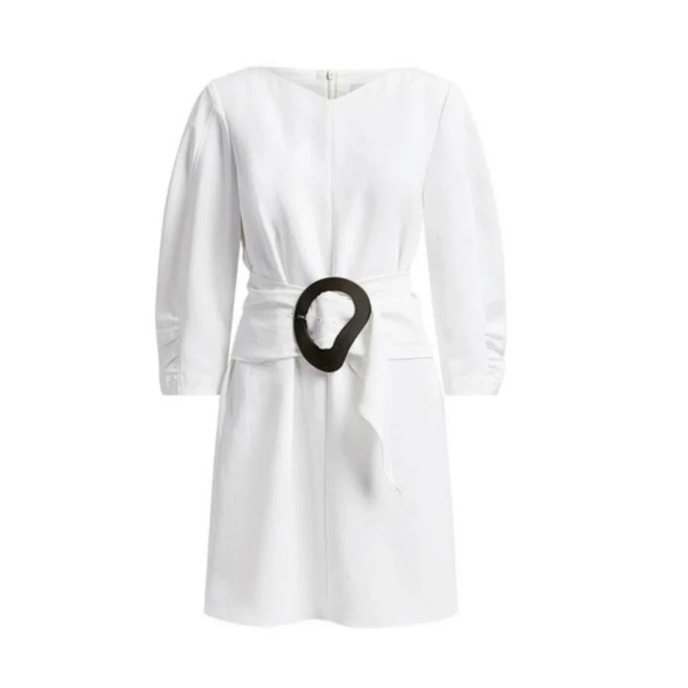 NWT Tibi Boho Designer Preppy Removable Belt Shirred Sleeve Dress White 00